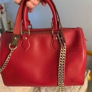 Louis Vuitton Red Satchel with Gold Hardware